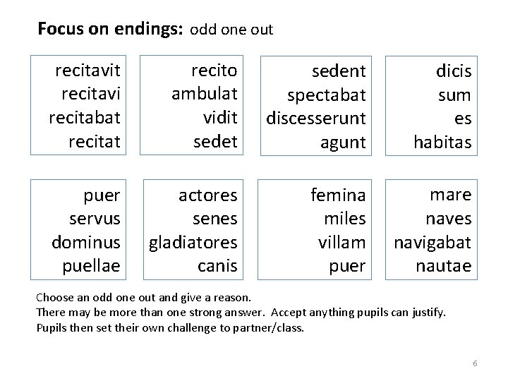 Focus on endings: odd one out recitavi recitabat recito ambulat vidit sedent spectabat discesserunt Focus on endings: odd one out recitavi recitabat recito ambulat vidit sedent spectabat discesserunt