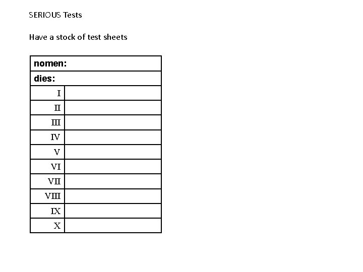 SERIOUS Tests Have a stock of test sheets nomen: dies: I II IV V