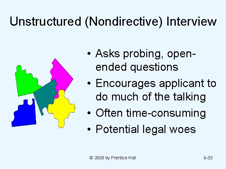 Unstructured (Nondirective) Interview • Asks probing, openended questions • Encourages applicant to do much