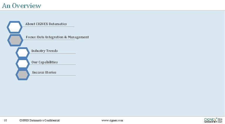 An Overview About CIGNEX Datamatics Focus: Data Integration & Management Industry Trends Our Capabilities