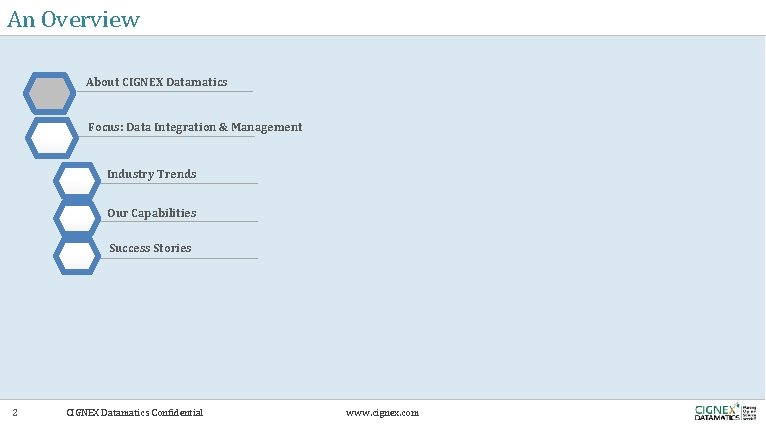 An Overview About CIGNEX Datamatics Focus: Data Integration & Management Industry Trends Our Capabilities