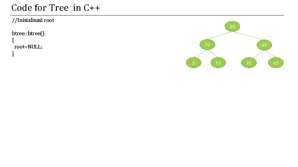 Code for Tree in C++ //Inisialisasi root btree: : btree() { root=NULL; } 