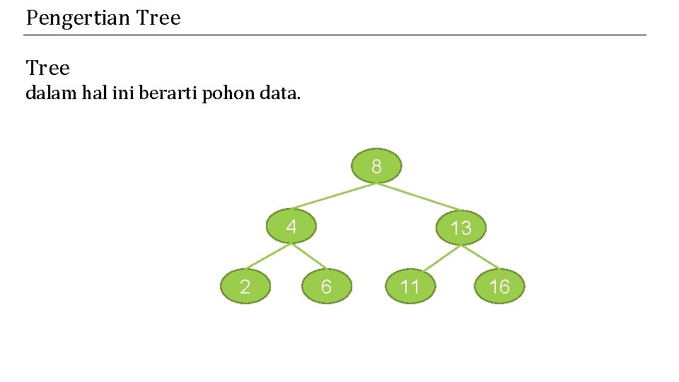 Pengertian Tree dalam hal ini berarti pohon data. 8 4 2 13 6 11