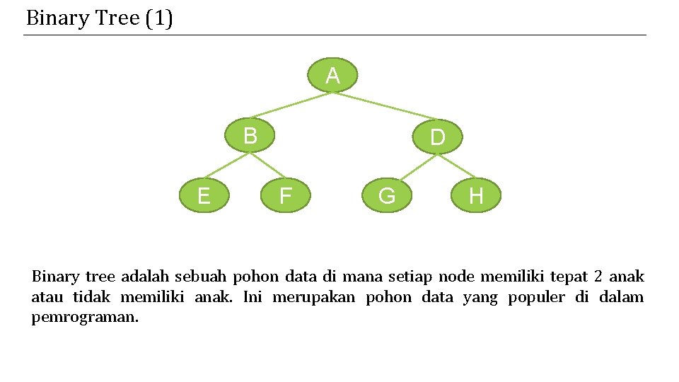 Binary Tree (1) A B E D F G H Binary tree adalah sebuah