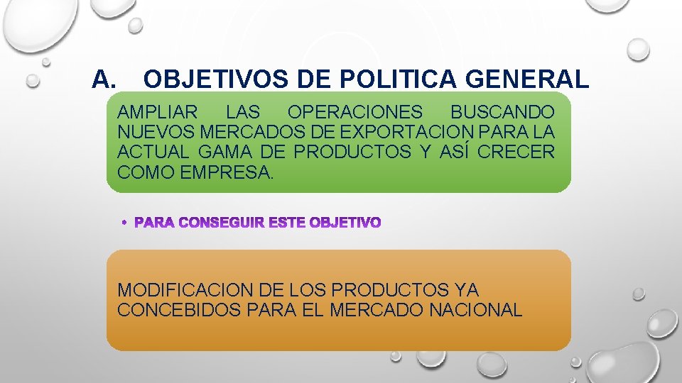 A. OBJETIVOS DE POLITICA GENERAL AMPLIAR LAS OPERACIONES BUSCANDO NUEVOS MERCADOS DE EXPORTACION PARA