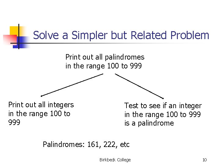 Solve a Simpler but Related Problem Print out all palindromes in the range 100