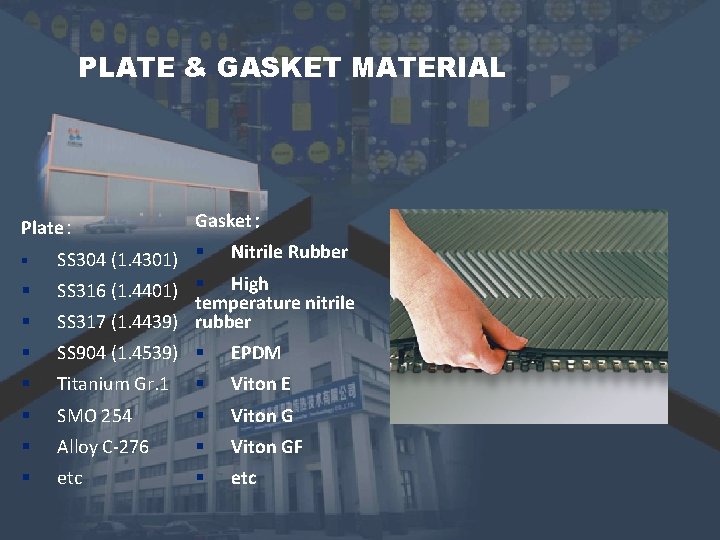 PLATE & GASKET MATERIAL Plate: Gasket: § SS 304 (1. 4301) § Nitrile Rubber PLATE & GASKET MATERIAL Plate: Gasket: § SS 304 (1. 4301) § Nitrile Rubber