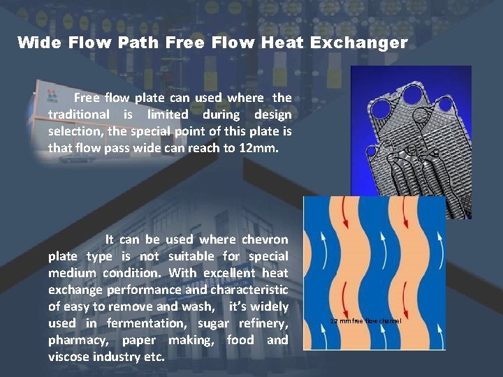 Wide Flow Path Free Flow Heat Exchanger Free flow plate can used where the Wide Flow Path Free Flow Heat Exchanger Free flow plate can used where the