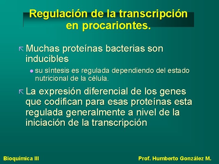 Regulación de la transcripción en procariontes. Muchas proteínas bacterias son inducibles su síntesis es