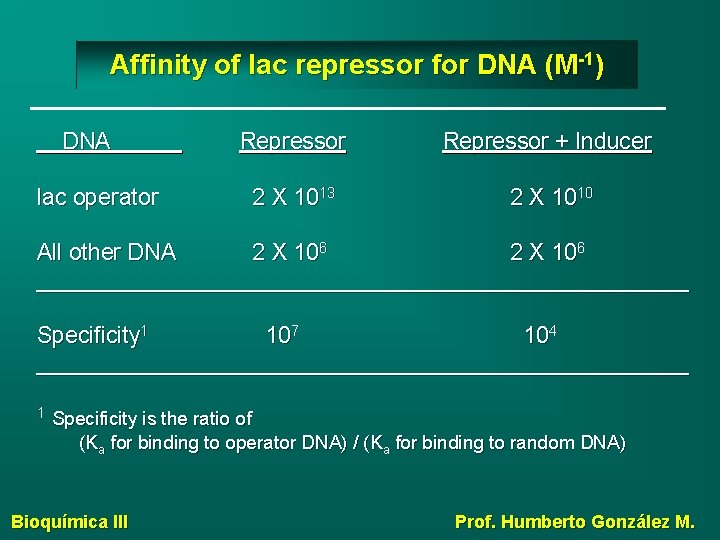 Affinity of lac repressor for DNA (M-1) DNA lac operator Repressor + Inducer 2