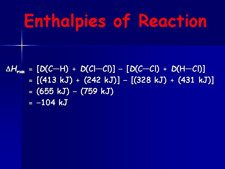 Enthalpies of Reaction Hrxn = = [D(C—H) + D(Cl—Cl)] [D(C—Cl) + D(H—Cl)] [(413 k.