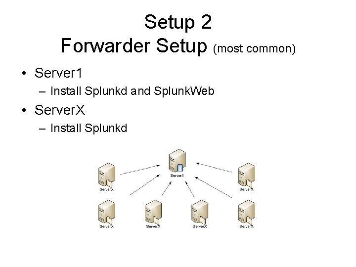 Setup 2 Forwarder Setup (most common) • Server 1 – Install Splunkd and Splunk.