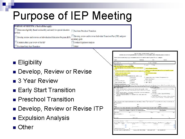 Purpose of IEP Meeting Eligibility n Develop, Review or Revise n 3 Year Review