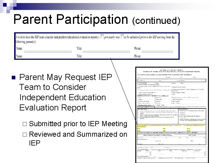 Parent Participation (continued) n Parent May Request IEP Team to Consider Independent Education Evaluation