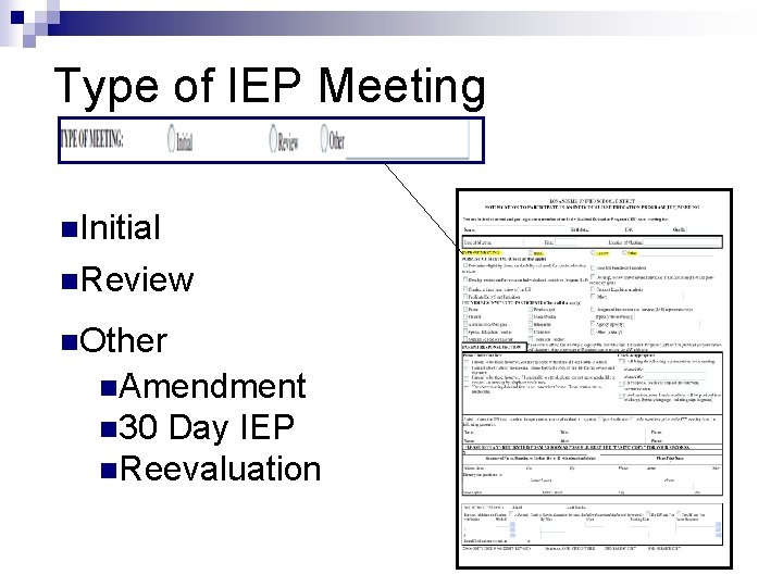 Type of IEP Meeting n. Initial n. Review n. Other n. Amendment n 30