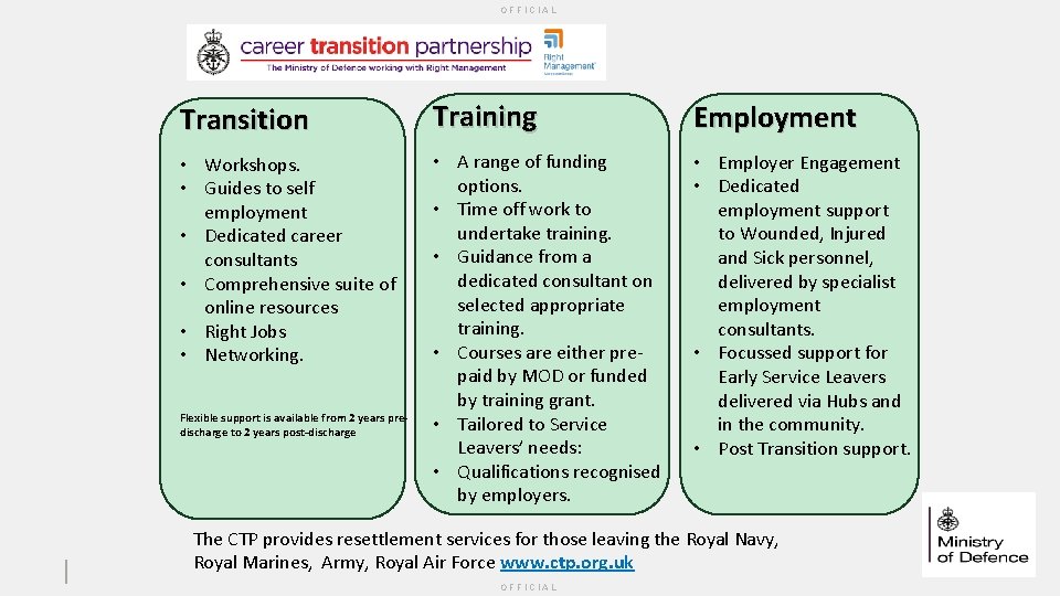 OFFICIAL Transition Training Employment • Workshops. • Guides to self employment • Dedicated career