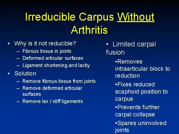 Irreducible Carpus Without Arthritis • Why is it not reducible? – Fibrous tissue in