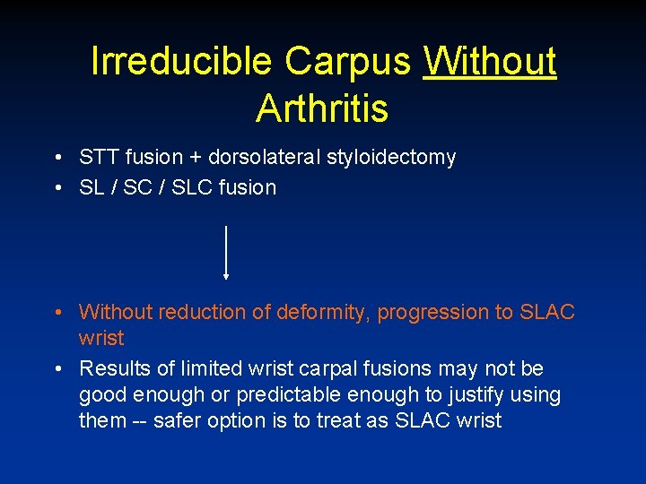 Irreducible Carpus Without Arthritis • STT fusion + dorsolateral styloidectomy • SL / SC