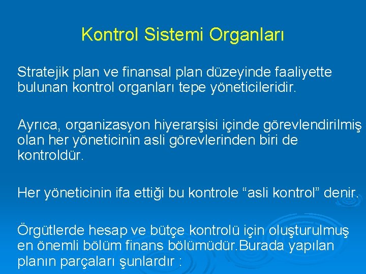 Kontrol Sistemi Organları Stratejik plan ve finansal plan düzeyinde faaliyette bulunan kontrol organları tepe