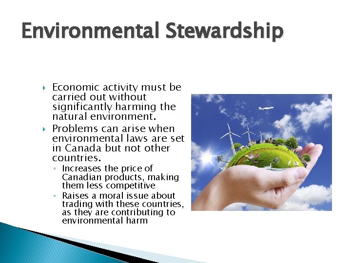 Environmental Stewardship Economic activity must be carried out without significantly harming the natural environment.