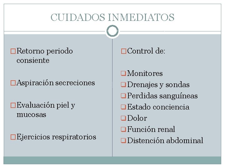 CUIDADOS INMEDIATOS �Retorno periodo �Control de: consiente q Monitores �Aspiración secreciones q Drenajes y