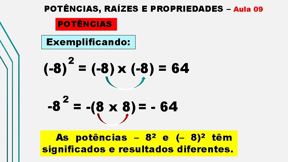 POTÊNCIAS, RAÍZES E PROPRIEDADES – Aula 09 POTÊNCIAS Exemplificando: 2 (-8) = (-8) x