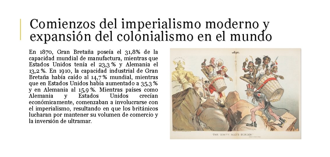 Comienzos del imperialismo moderno y expansión del colonialismo en el mundo En 1870, Gran