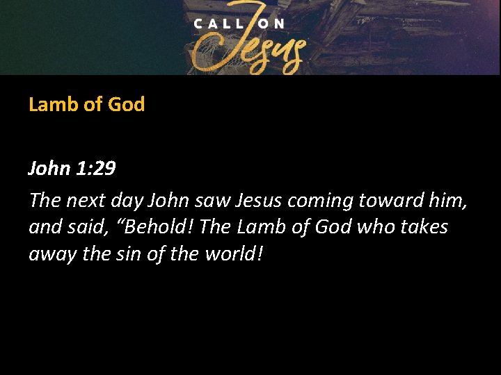 Lamb of God John 1: 29 The next day John saw Jesus coming toward