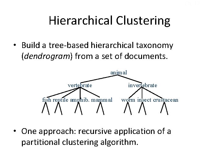 Ch. 17 Hierarchical Clustering • Build a tree-based hierarchical taxonomy (dendrogram) from a set