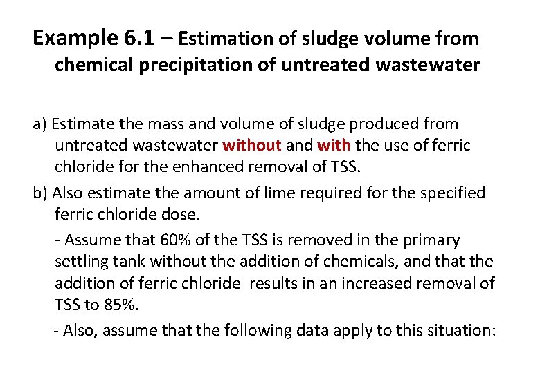 Example 6. 1 – Estimation of sludge volume from chemical precipitation of untreated wastewater
