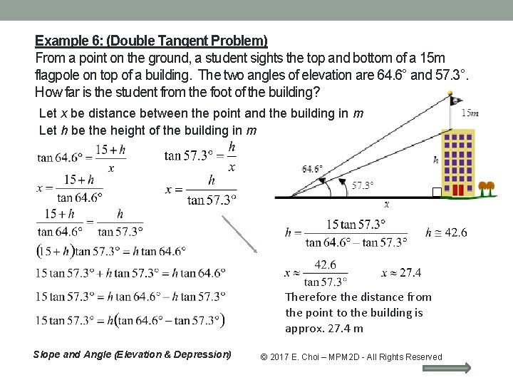 Example 6: (Double Tangent Problem) From a point on the ground, a student sights