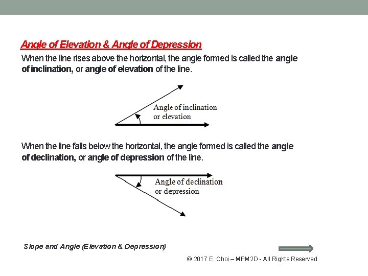 Angle of Elevation & Angle of Depression When the line rises above the horizontal,