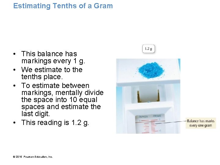 Estimating Tenths of a Gram • This balance has markings every 1 g. •