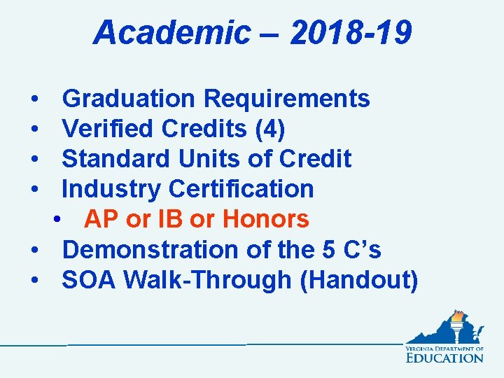 Academic – 2018 -19 • • Graduation Requirements Verified Credits (4) Standard Units of