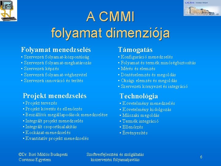 A CMMI folyamat dimenziója Folyamat menedzselés Támogatás • Szervezeti folyamat-központúság • Szervezeti folyamat-meghatározás • A CMMI folyamat dimenziója Folyamat menedzselés Támogatás • Szervezeti folyamat-központúság • Szervezeti folyamat-meghatározás •