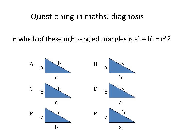 Questioning in maths: diagnosis In which of these right-angled triangles is a 2 +