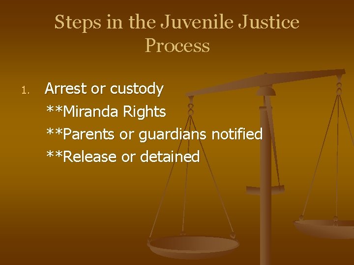 Steps in the Juvenile Justice Process 1. Arrest or custody **Miranda Rights **Parents or