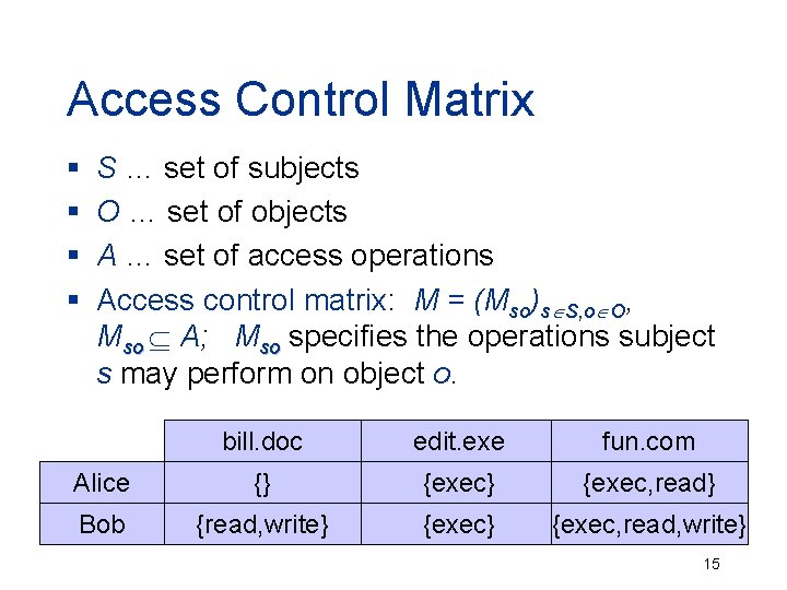 Access Control Matrix § § S … set of subjects O … set of