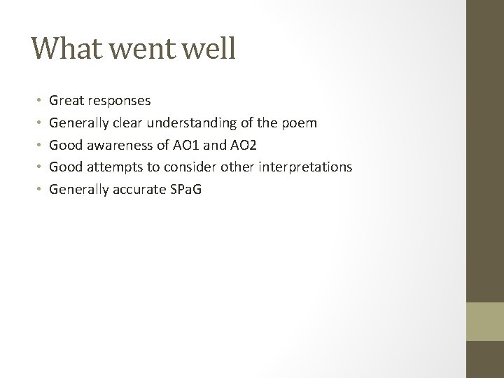 What went well • • • Great responses Generally clear understanding of the poem