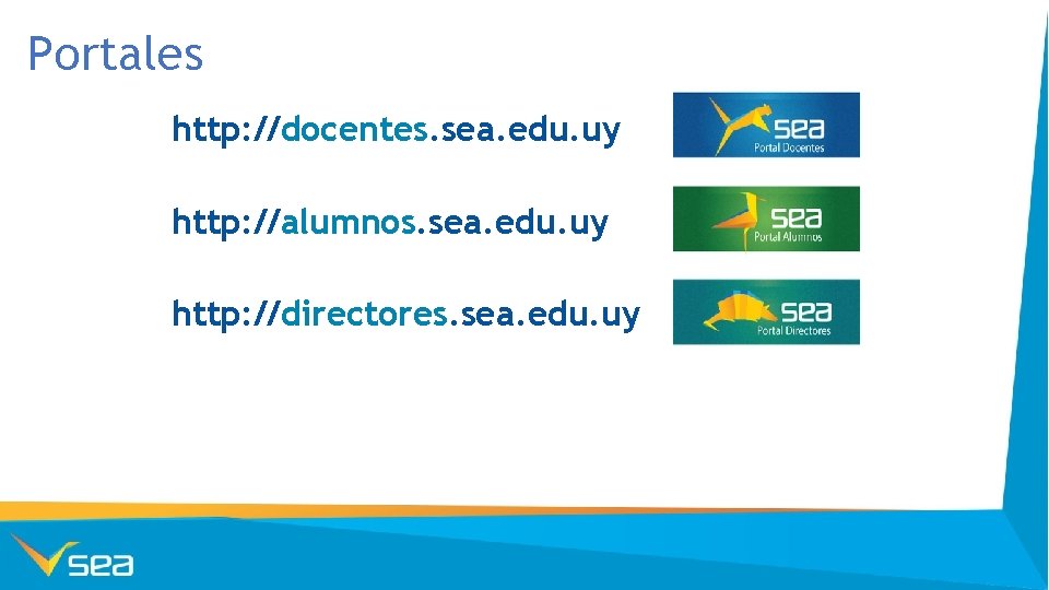 Portales http: //docentes. sea. edu. uy http: //alumnos. sea. edu. uy http: //directores. sea.