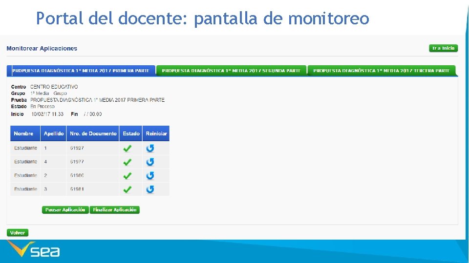 Portal del docente: pantalla de monitoreo 