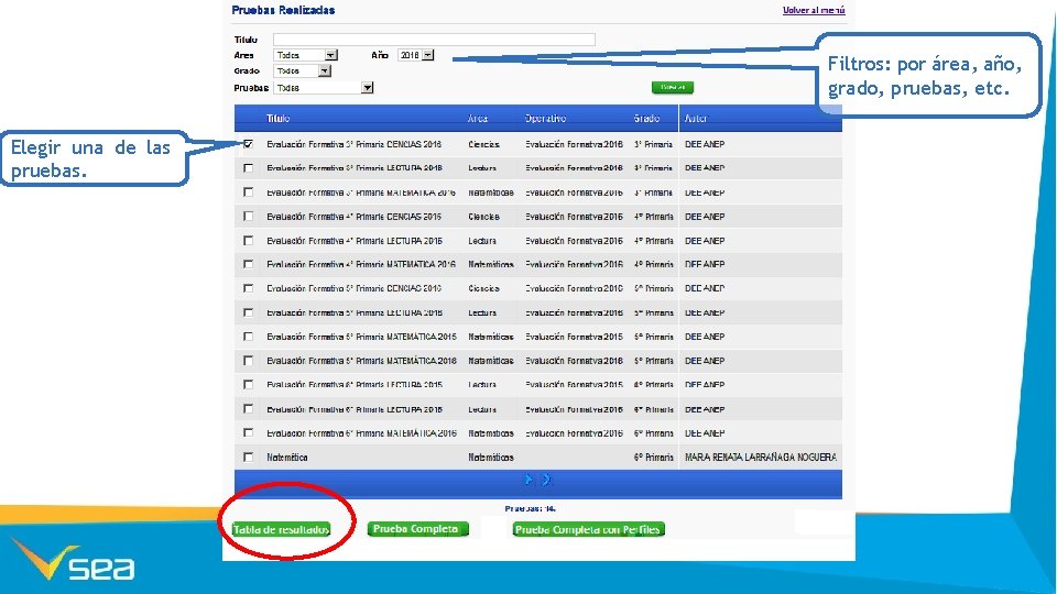 Filtros: por área, año, grado, pruebas, etc. Elegir una de las pruebas. 