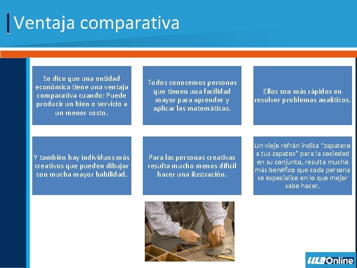 Ventaja comparativa Se dice que una entidad económica tiene una ventaja comparativa cuando: Puede