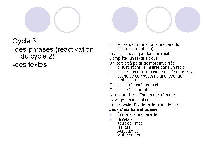 Cycle 3: -des phrases (réactivation du cycle 2) -des textes Ecrire des définitions (