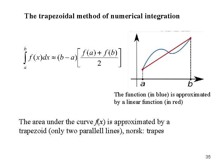 The trapezoidal method of numerical integration The function (in blue) is approximated by a