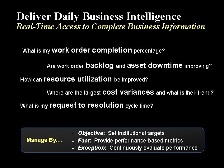 Deliver Daily Business Intelligence Real-Time Access to Complete Business Information What is my work