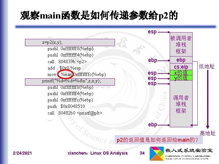 观察main函数是如何传递参数给p 2的 esp … z=p 2(x, y); pushl 0 xfffffff 8(%ebp) pushl 0 xfffffff