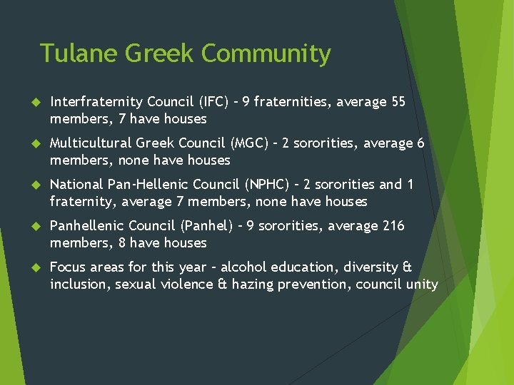 Tulane Greek Community Interfraternity Council (IFC) – 9 fraternities, average 55 members, 7 have Tulane Greek Community Interfraternity Council (IFC) – 9 fraternities, average 55 members, 7 have