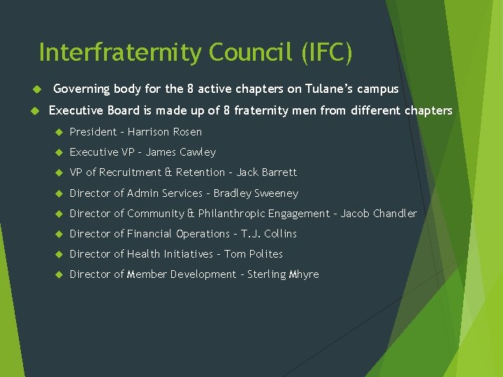 Interfraternity Council (IFC) Governing body for the 8 active chapters on Tulane’s campus Executive Interfraternity Council (IFC) Governing body for the 8 active chapters on Tulane’s campus Executive