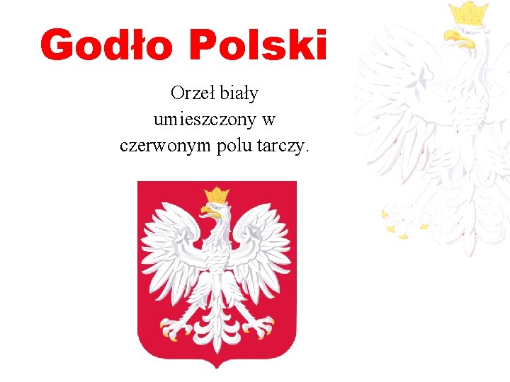 Godło Polski Orzeł biały umieszczony w czerwonym polu tarczy. 